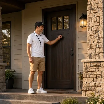 Rep knocking on a craftsman front door