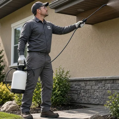 Pest technician spraying eaves