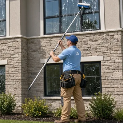 Window crew washing second-story windows